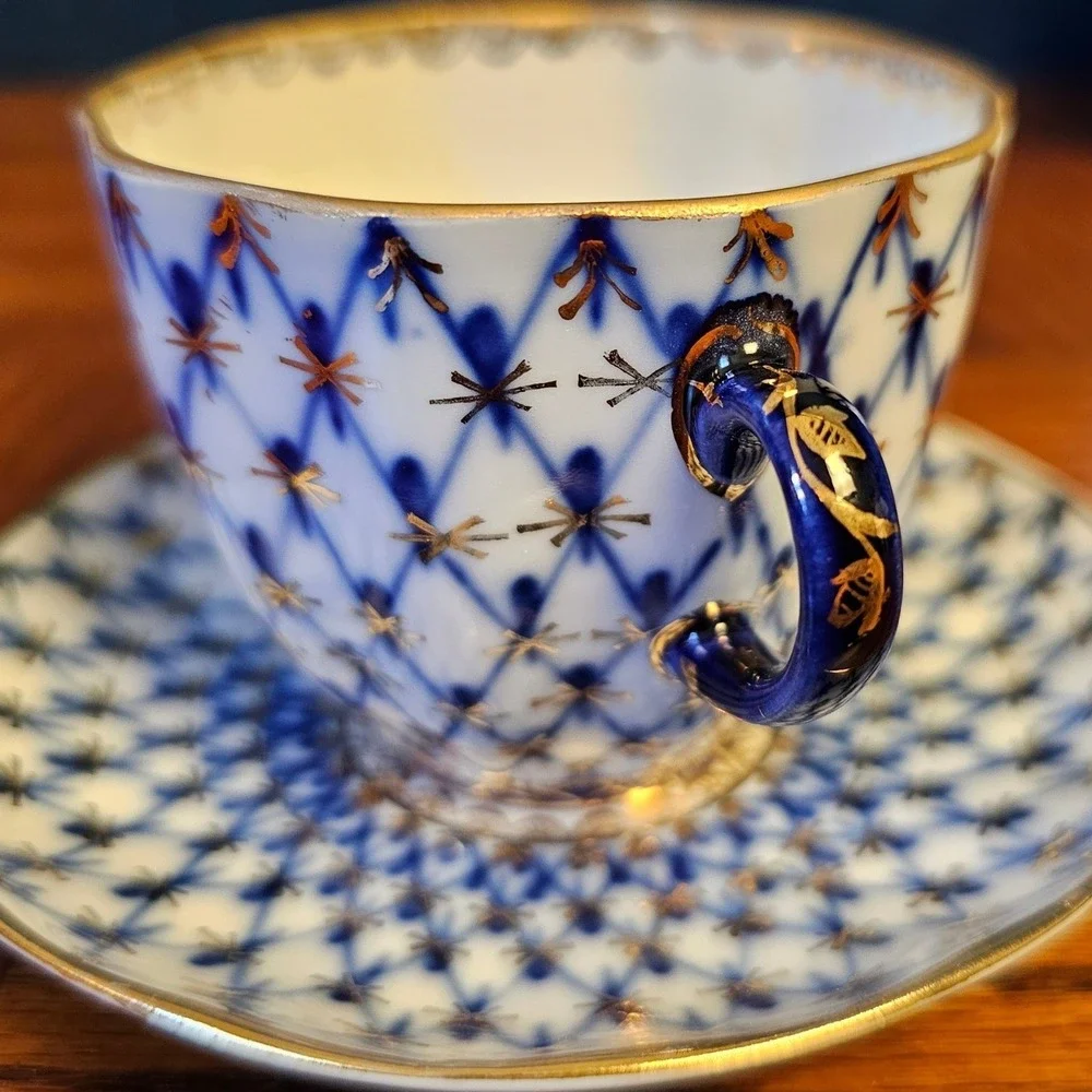 Lomonosov Imperial Porcelain Cobalt Net Tea Cup and Saucer Set Made in USSR 22K